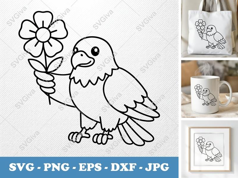 Eagle SVG holding Flower | Cute Cartoon Bird PNG EPS DXF | Cricut Silhouette File | Animal Clipart | Kids Craft | Modern Design
