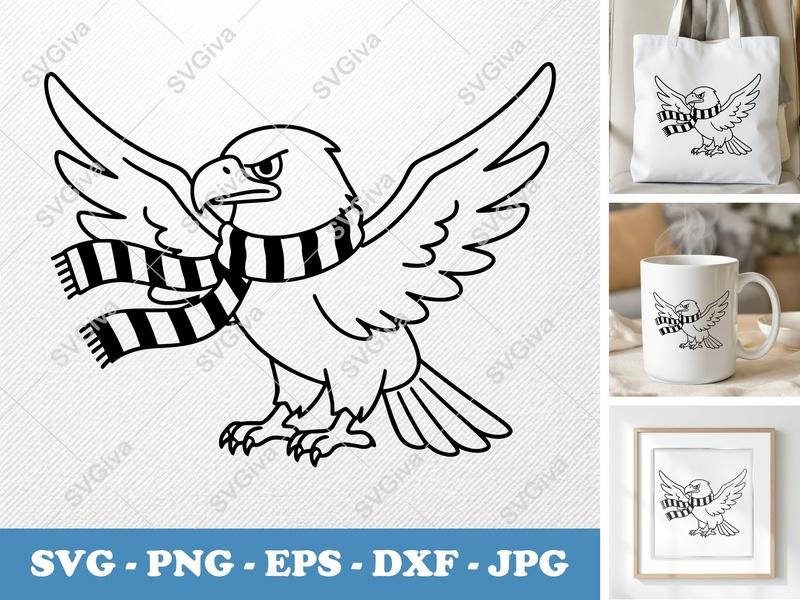 Eagle SVG with Scarf, Cartoon Eagle PNG EPS DXF, Mascot Bird Cut File for Cricut, Silhouette, Team Spirit, Sports Logo