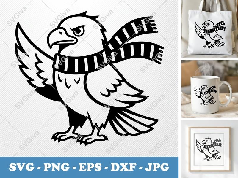 Eagle wearing a scarf SVG | Bold Contour, Simple Character | PNG DXF EPS | Cricut Silhouette Cut File