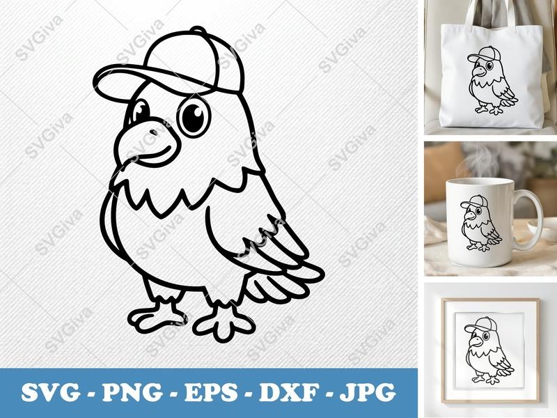 Eagle Wearing Hat SVG, Cartoon Clipart PNG EPS DXF | Cute Bird Outline Cut File for Cricut, Silhouette, Kids Crafts