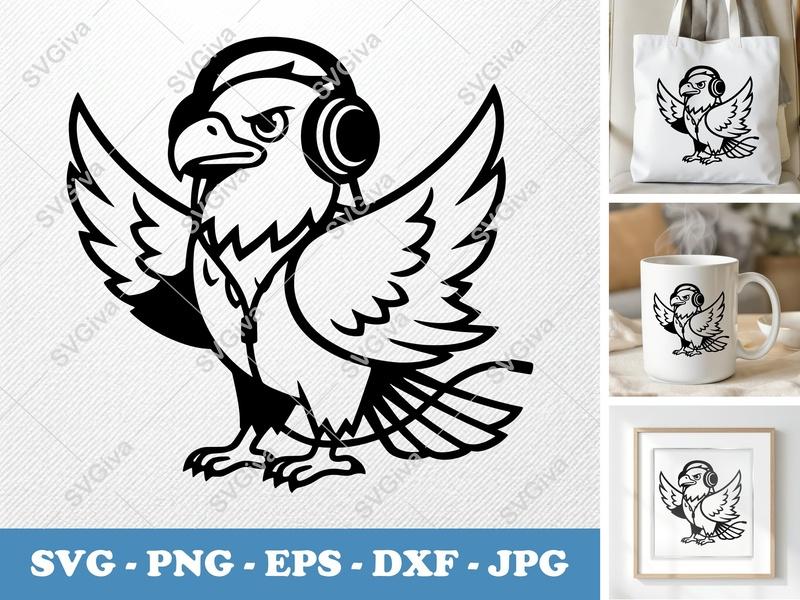 Eagle Wearing Headphones SVG | Bold Minimalist Vector Cut File | PNG DXF EPS | Cricut Silhouette Design