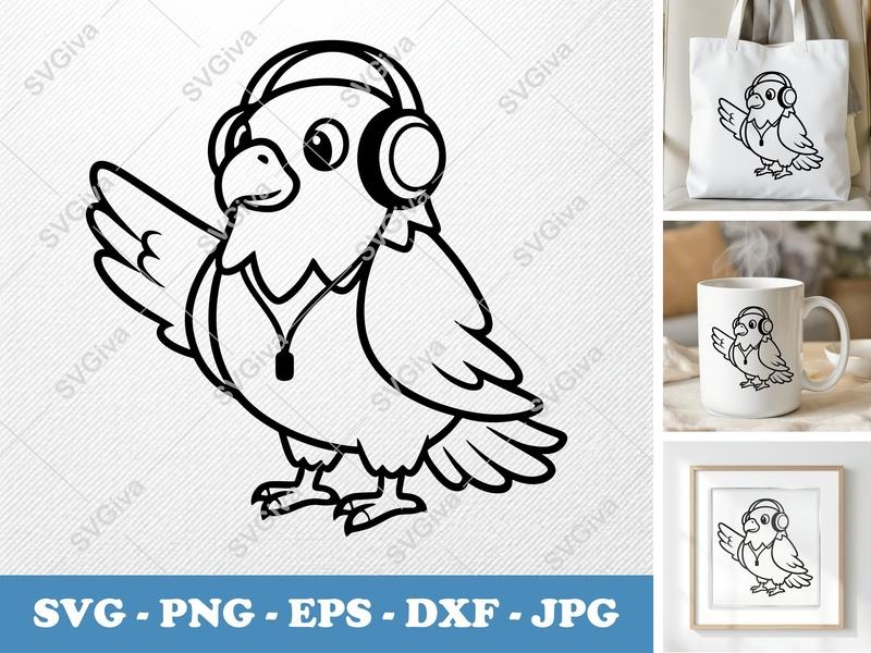 Eagle wearing headphones SVG | Friendly Rounded Body Bean-Shaped Cut File | PNG DXF EPS for Cricut Silhouette