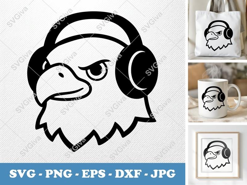 Eagle Wearing Headphones SVG | Puffy Soft Forms PNG DXF EPS | Cricut Silhouette Cut File | Animal Headphone Vector