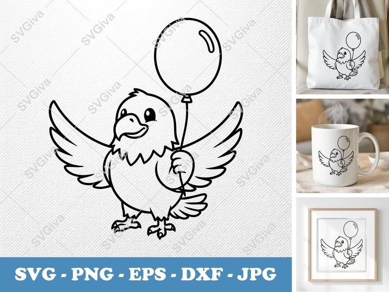 Eagle with Balloon SVG | Friendly Bean-Shaped Cut File | Rounded Body PNG DXF EPS for Cricut Silhouette