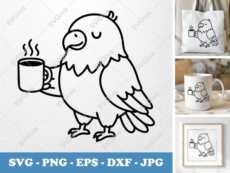 Eagle with Coffee Cup SVG | Friendly Rounded Body Bean-Shaped Forms | PNG DXF EPS | Cricut Silhouette File