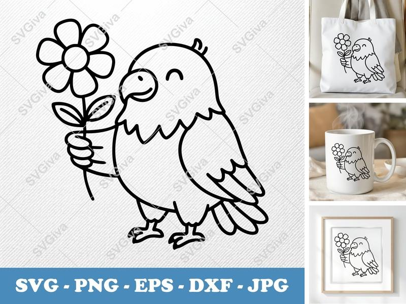 Eagle with Flower SVG | Friendly Rounded Body Bean-Shaped Design | PNG DXF EPS | Cricut Silhouette File