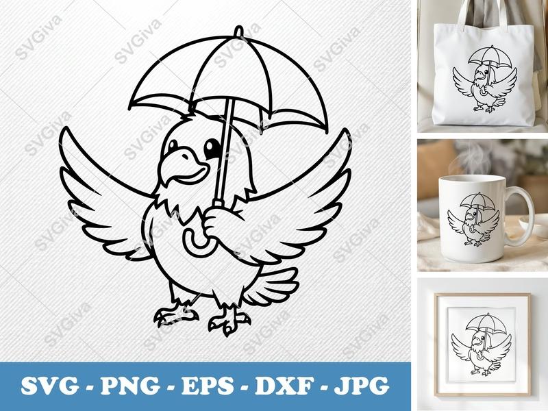 Eagle with Umbrella SVG | Cute Bird PNG EPS DXF | Animal Clipart for Cricut & Silhouette | Cartoon Mascot Cut File