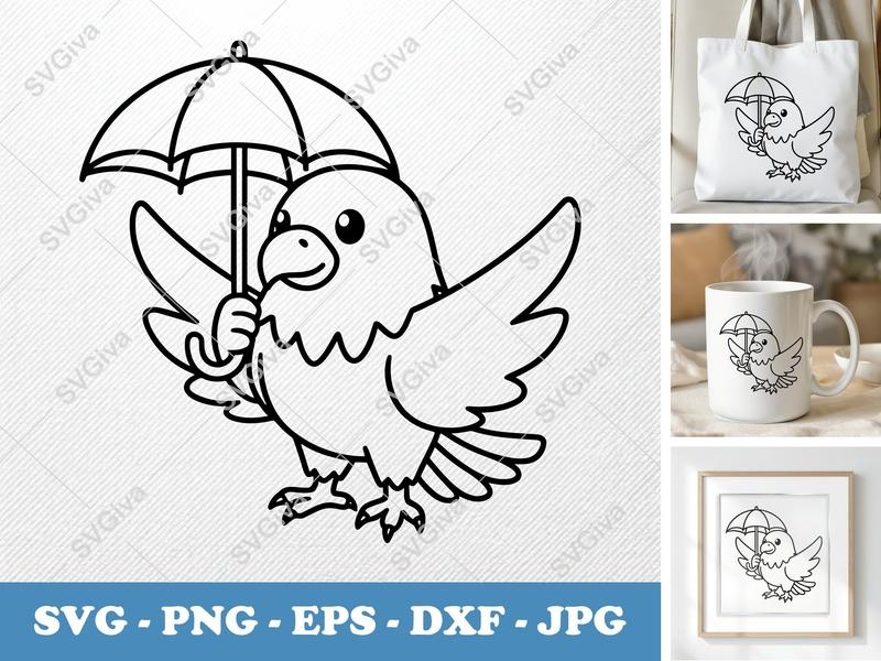 Eagle with Umbrella SVG | Cute Bird PNG EPS DXF | Cartoon Animal Cut File for Cricut, Silhouette | Kid Craft Design