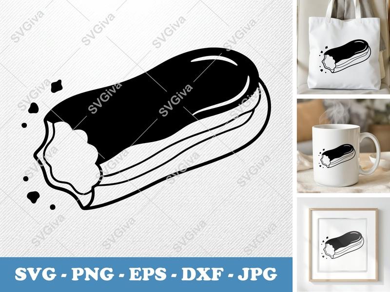 Eclair Partially Eaten SVG | Puffy Soft Dessert Cut File | PNG DXF EPS | Cricut Silhouette | Sweet Treat Vector
