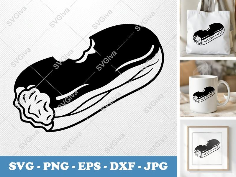 Eclair SVG, Bitten Pastry Cut File, Dessert Outline | PNG EPS DXF | Cricut Silhouette Baking Sweet Treat