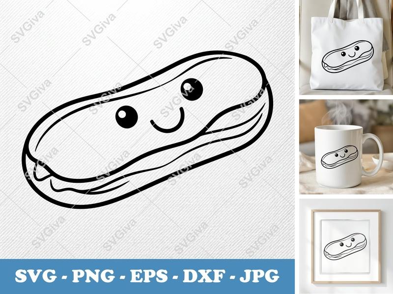 Eclair SVG | Cute Kawaii Dessert Outline | Digital Cut File for Cricut, Silhouette | PNG EPS DXF Vector Clipart