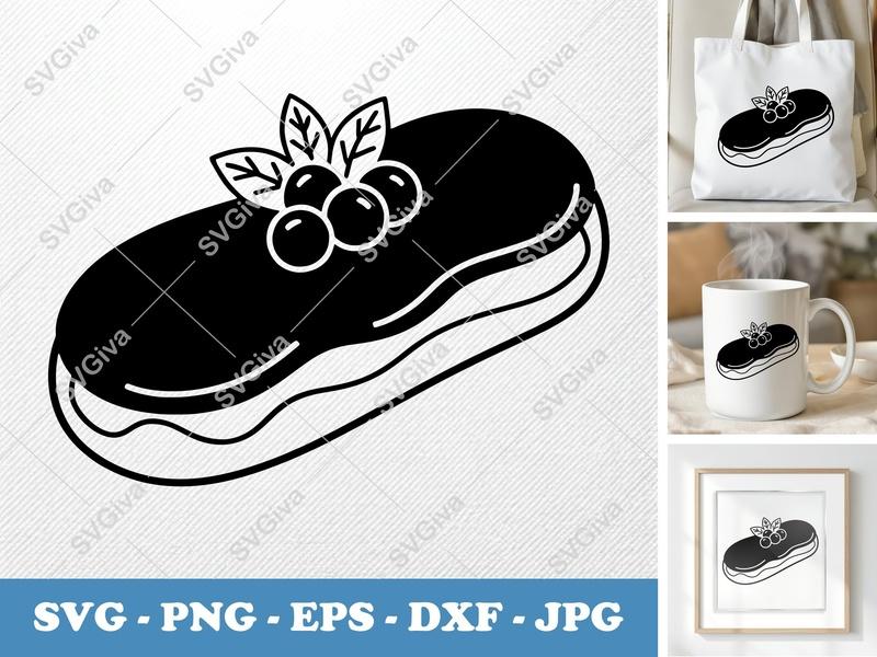 Eclair SVG | Dessert with Berries & Leaves | Modern Food Clip Art | PNG EPS DXF for Cricut Silhouette