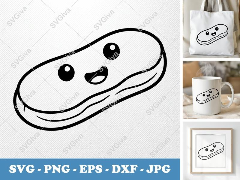 Eclair SVG Kawaii Cut File | Cute Dessert PNG EPS DXF | Happy Food Clipart for Cricut & Silhouette | Outline Design