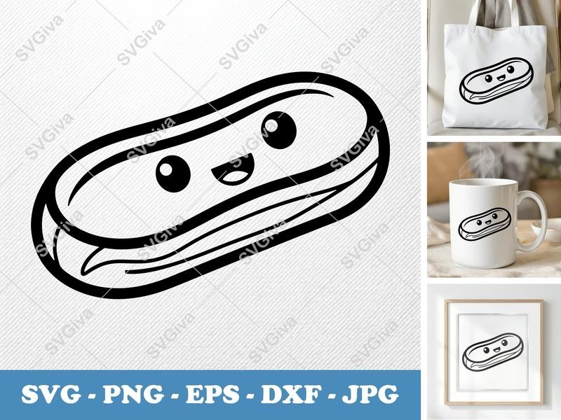 Eclair SVG, Kawaii Dessert Outline, Cute Food Black White, PNG EPS DXF, Cricut Silhouette Cut File, Modern Pastry Graphic