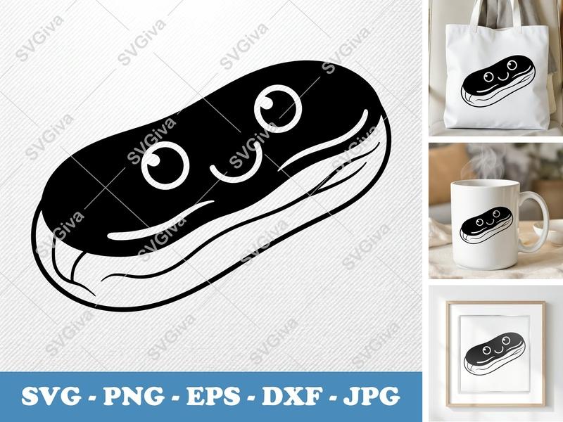 Eclair SVG, Kawaii Dessert Vector, Cute Pastry Outline, Food Clipart | PNG EPS DXF for Cricut Silhouette