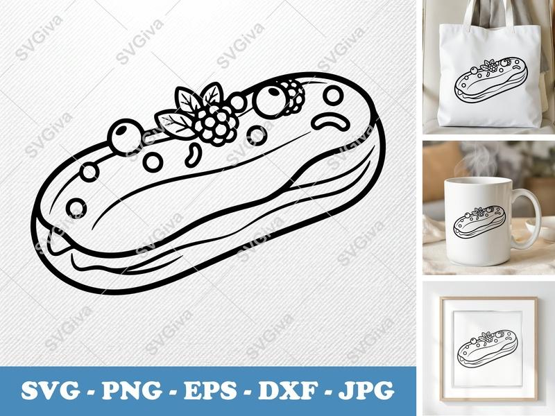 Eclair SVG, Modern Dessert Clip Art with Berries | PNG EPS DXF for Cricut & Silhouette, Bakery Food Vector