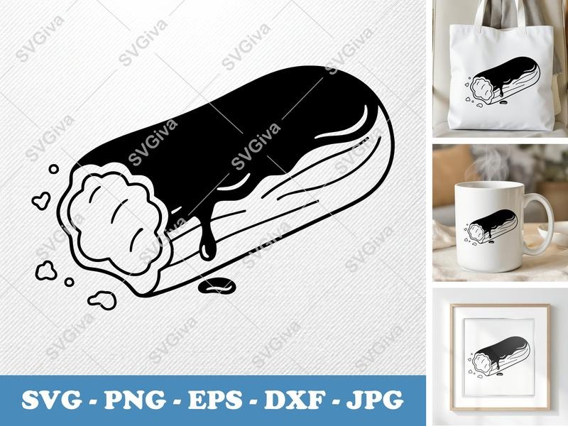 Eclair SVG, Modern Dessert Cut File | Chocolate Glaze, Cream Filling | PNG EPS DXF for Cricut, Silhouette, Bakery Art