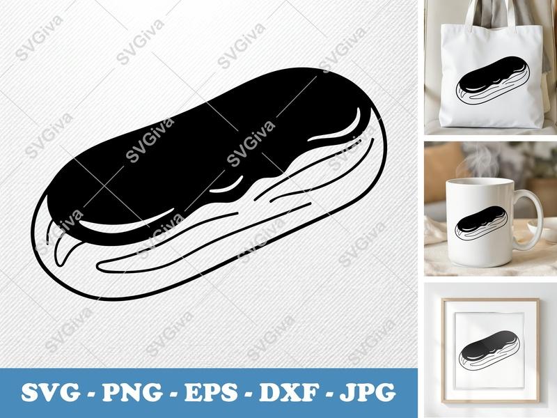 Eclair SVG, Modern Dessert Cut File, Chocolate Icing, Pastry Outline | PNG EPS DXF | Cricut Silhouette Baking