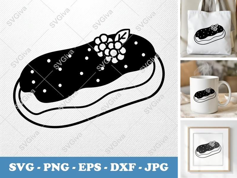 Eclair SVG | Modern Dessert Cut File with Berries | PNG EPS DXF for Cricut, Silhouette | Bakery Sweet Treat Clipart