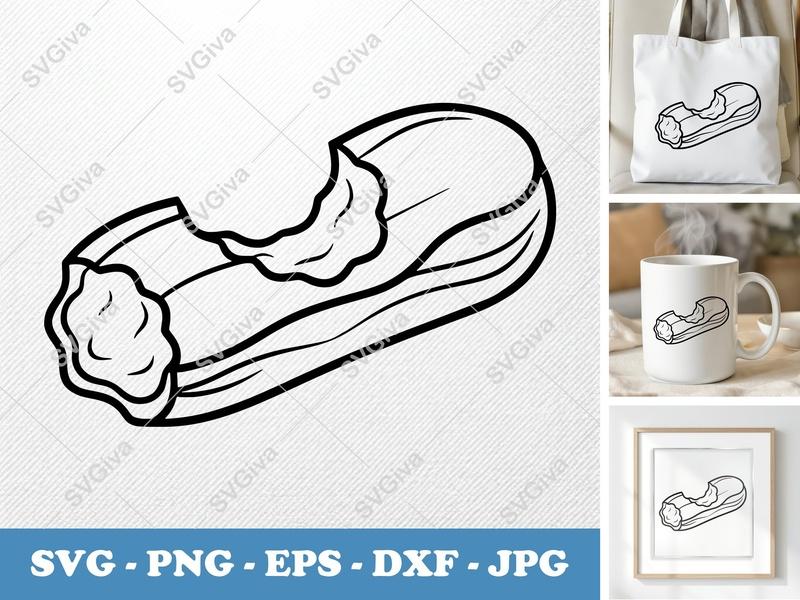 Eclair SVG | Modern Outline Pastry Cut File | Dessert PNG EPS DXF for Cricut Silhouette | Sweet Treat Vector Clipart