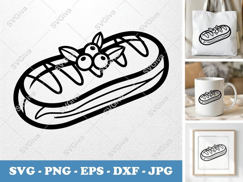 Eclair SVG | Modern Pastry Cut File with Berries | PNG EPS DXF for Cricut & Silhouette | Dessert Outline Clipart