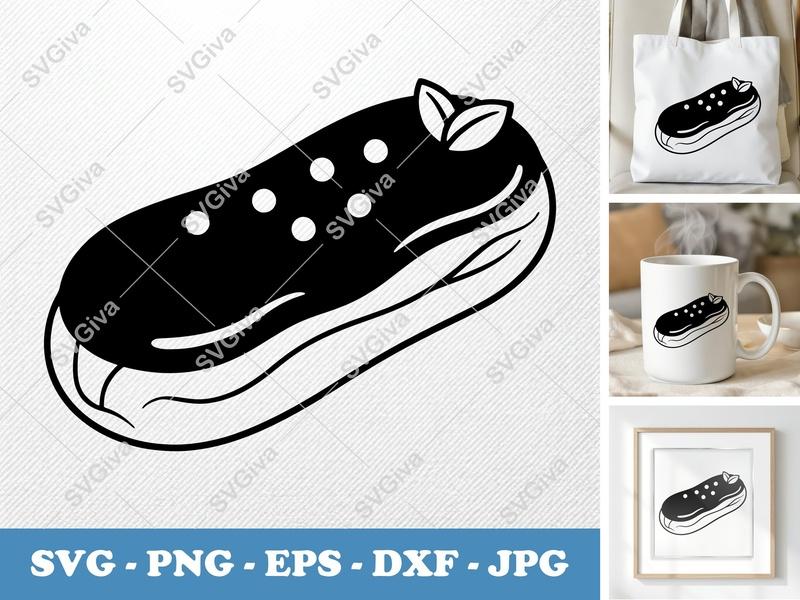 Eclair SVG | Modern Pastry Cut File with Sprinkles & Leaves | PNG EPS DXF for Cricut & Silhouette