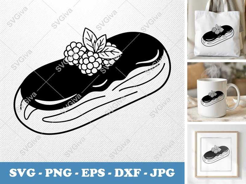 Eclair SVG | Modern Pastry with Berries & Leaves | PNG EPS DXF | Cricut Silhouette Cut File