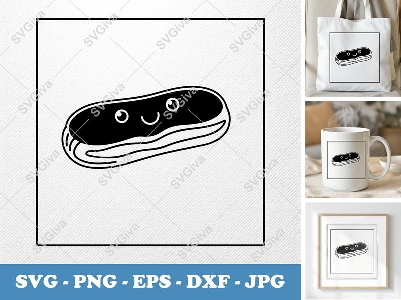 Eclair with Smiling Face SVG | Double-Outline Minimalist Cut File | PNG DXF EPS | Cricut Silhouette Baking Dessert