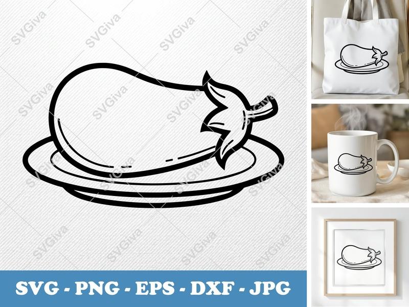 Eggplant on a Plate SVG | Minimalist Vector Design | Bold Outline Cut File | PNG DXF EPS for Cricut Silhouette