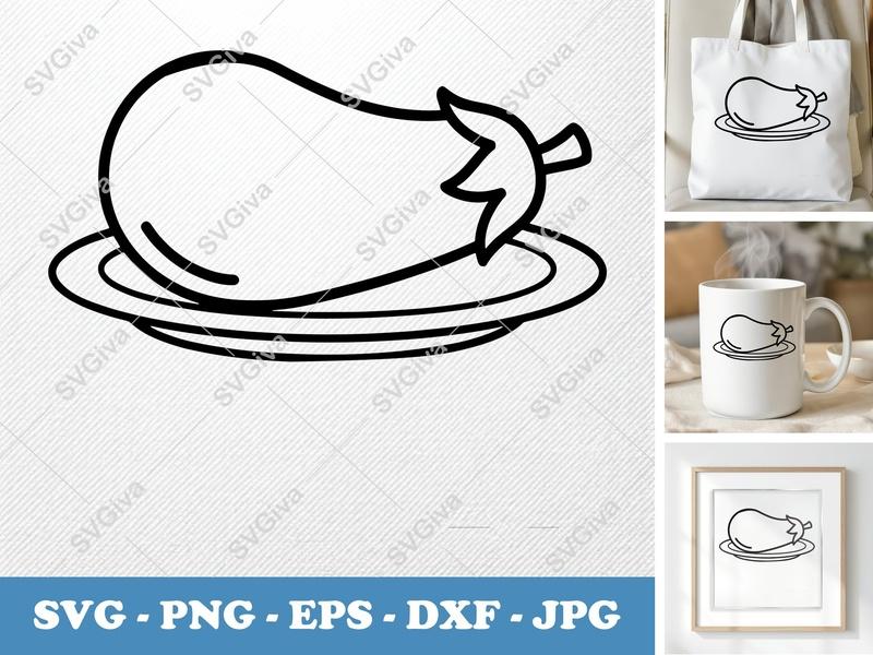 Eggplant on a Plate SVG PNG DXF EPS | Vegetable Cut File Cricut Silhouette Kitchen Food