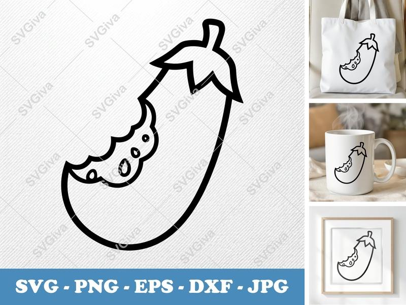 Eggplant SVG Cut File | Modern Bitten Eggplant Design | PNG EPS DXF for Cricut & Silhouette | Outline Vegetable Vector