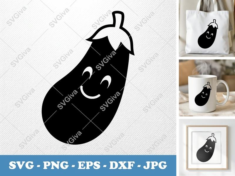 Eggplant SVG Cute Kawaii Face, Modern Vegetable Clipart, Food Lover Design | PNG EPS DXF for Cricut & Silhouette