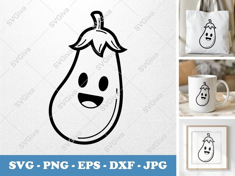 Eggplant with Smiling Face SVG | Minimalist Character Cut File | PNG DXF EPS | Cricut Silhouette Vector Art