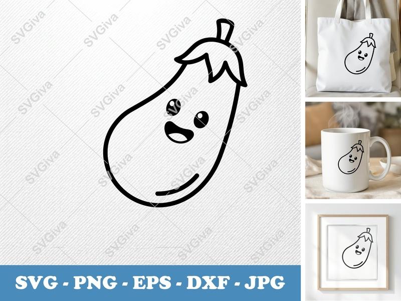 Eggplant with Smiling Face SVG PNG DXF EPS | Vegetable Cut File Cricut Silhouette