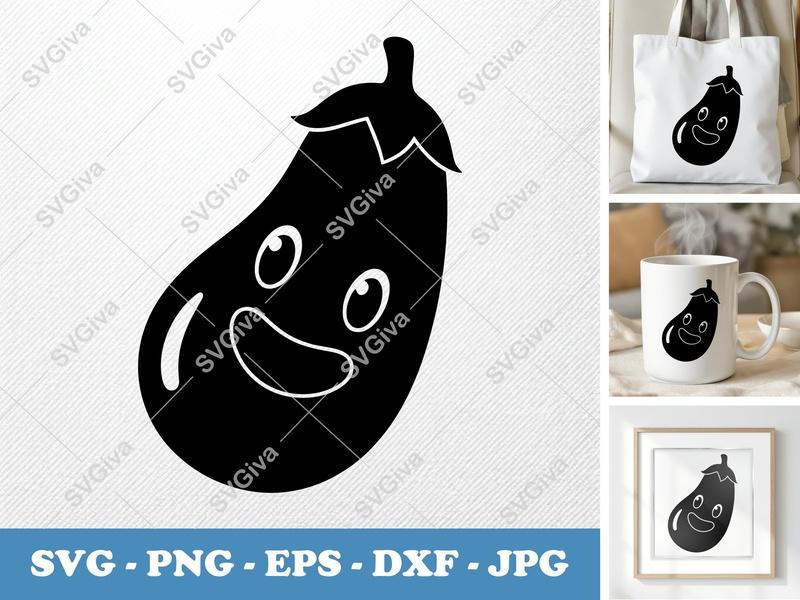 Eggplant with Smiling Face SVG | Puffy Soft Shapes | PNG DXF EPS | Cricut Silhouette File