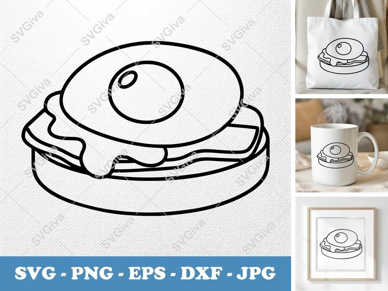 Eggs Benedict SVG, Modern Outline Breakfast Food Cut File, PNG EPS DXF for Cricut & Silhouette, Brunch Icon Vector Art