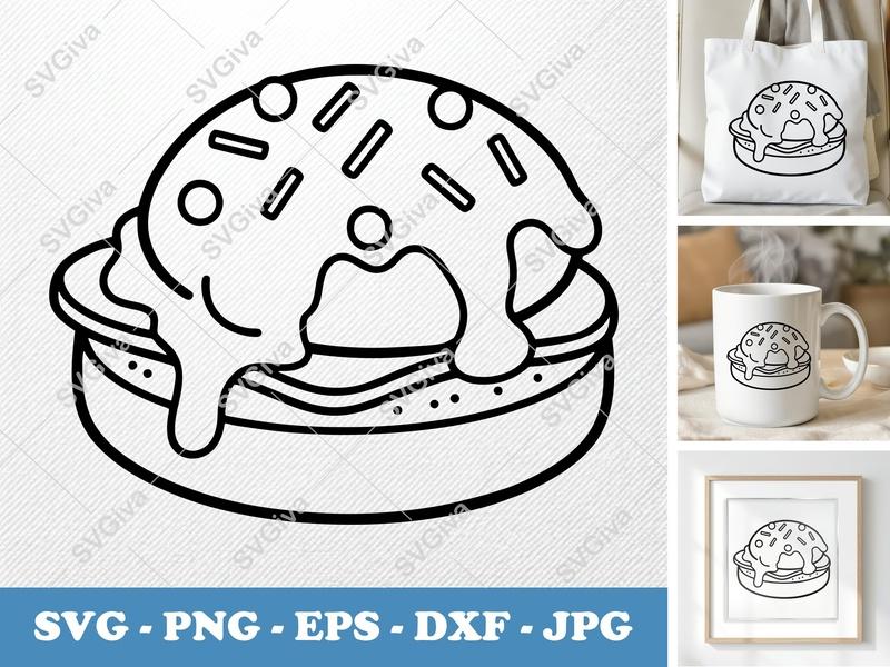 Eggs Benedict with Garnish SVG | Double-Outline Minimalist Design | PNG DXF EPS | Cricut Silhouette File