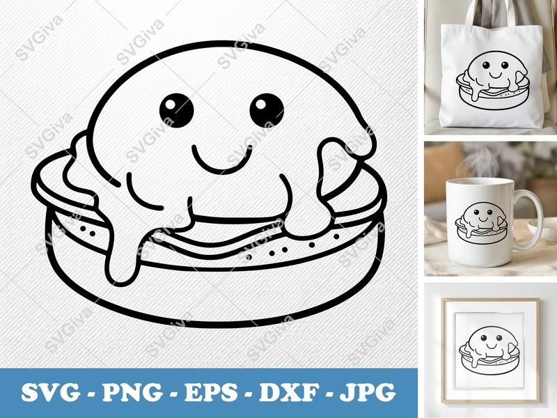 Eggs Benedict with Smiling Face SVG | Double-Outline Minimalist Design | PNG DXF EPS | Cricut Silhouette Cut File