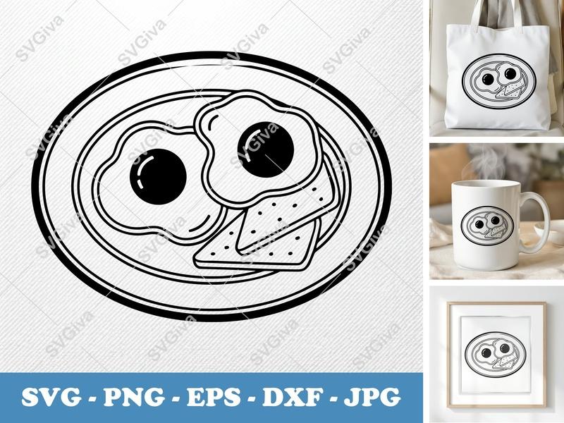 Eggs on a Plate SVG | Minimalist Double-Outline Design | Thick Contour, Clean Space | PNG DXF EPS | Cricut Silhouette Cut File