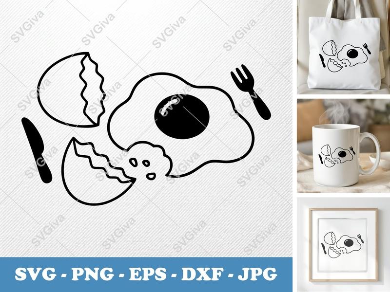 Eggs SVG | Fried Egg, Cracked Shell, Utensils | Modern Breakfast PNG EPS DXF | Cricut Silhouette Kitchen Cut File