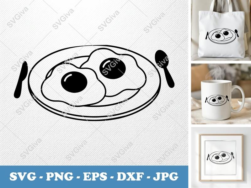 Eggs SVG | Fried Eggs on Plate with Cutlery | Food SVG, Breakfast SVG, Cooking SVG | PNG EPS DXF for Cricut & Silhouette