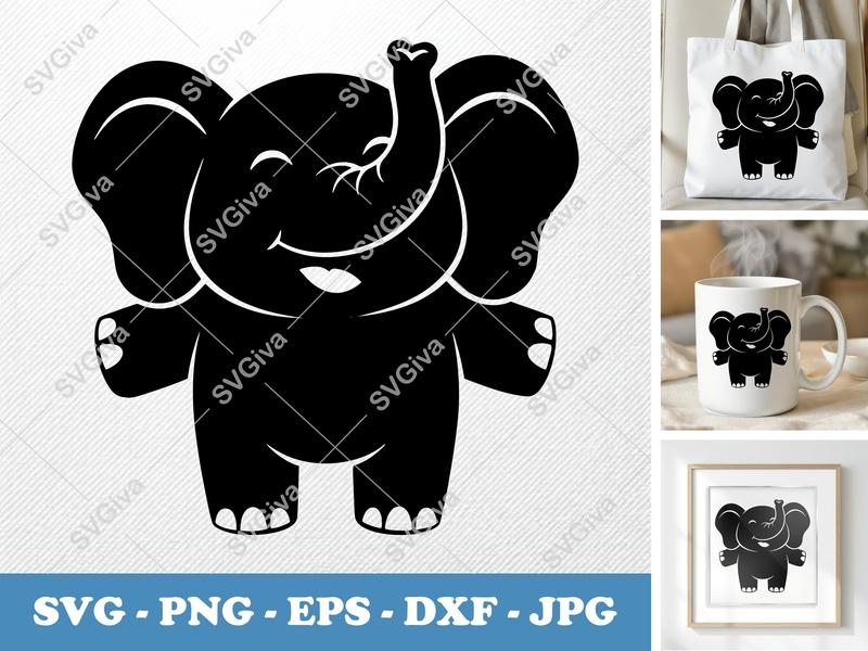 Elephant Baby SVG, Cute Elephant Clipart, Happy Elephant PNG, EPS, DXF for Cricut & Silhouette, Baby Shower Decor