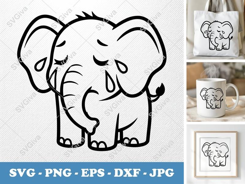 Elephant Crying SVG | Baby Elephant Tears PNG EPS DXF | Cute Cartoon Animal Cut File for Cricut Silhouette