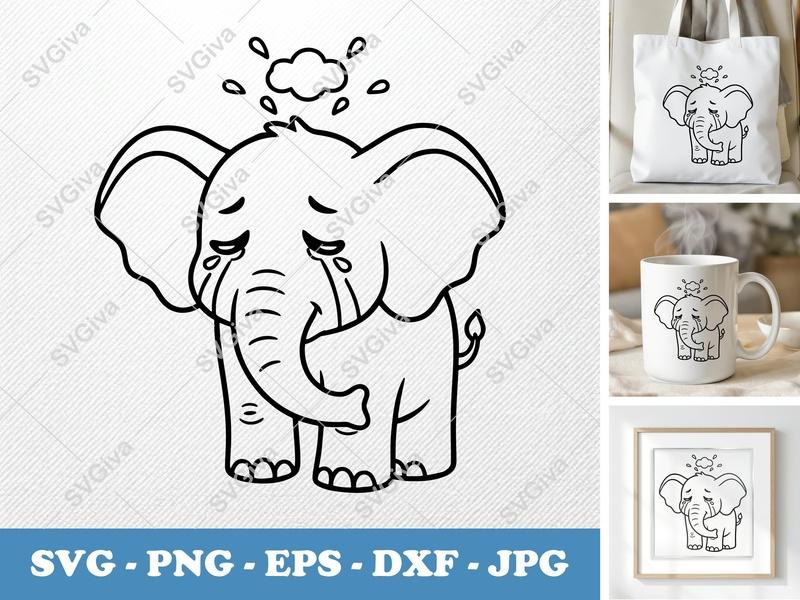 Elephant Crying SVG | Friendly Rounded Bean-Shaped Design | PNG DXF EPS | Cricut Silhouette File