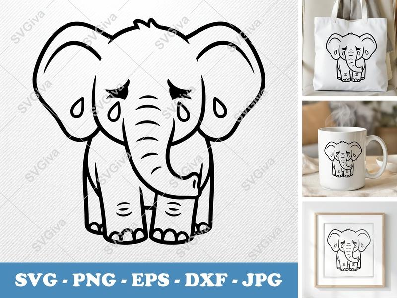 Elephant Crying SVG | Sad Baby Elephant PNG EPS DXF | Cute Tears Clip Art | Cricut Silhouette File | Animal Vector