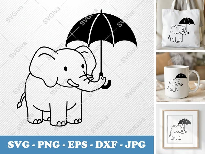 Elephant holding umbrella SVG, Puffy Soft Forms PNG DXF EPS, Cricut Silhouette Cut File