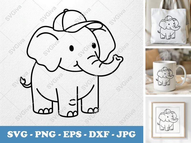 Elephant in a Cap SVG | Friendly Bean-Shaped Design | Rounded Body Cut File | PNG DXF EPS for Cricut Silhouette