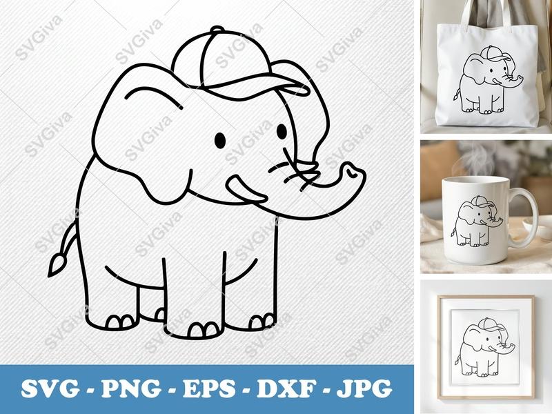 Elephant in a Cap SVG | Puffy Soft Forms | Kawaii Cartoon PNG DXF EPS | Cricut Silhouette File