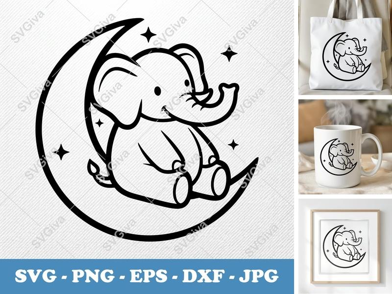 Elephant on Moon SVG | Cute Baby Elephant with Stars | Nursery Decor PNG EPS DXF | Cricut Silhouette File