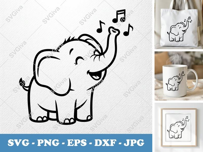 Elephant Singing SVG | Cute Animal Music PNG EPS DXF | Cricut Silhouette Cut File | Modern Cartoon Baby Elephant